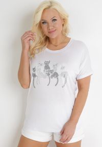 Born2be - Biały Bawełniany T-shirt z Krótkim Rękawem z Nadrukiem w Koty z Cekinami Canila. Kolekcja: plus size. Kolor: biały. Materiał: bawełna. Długość rękawa: krótki rękaw. Długość: krótkie. Wzór: nadruk #6