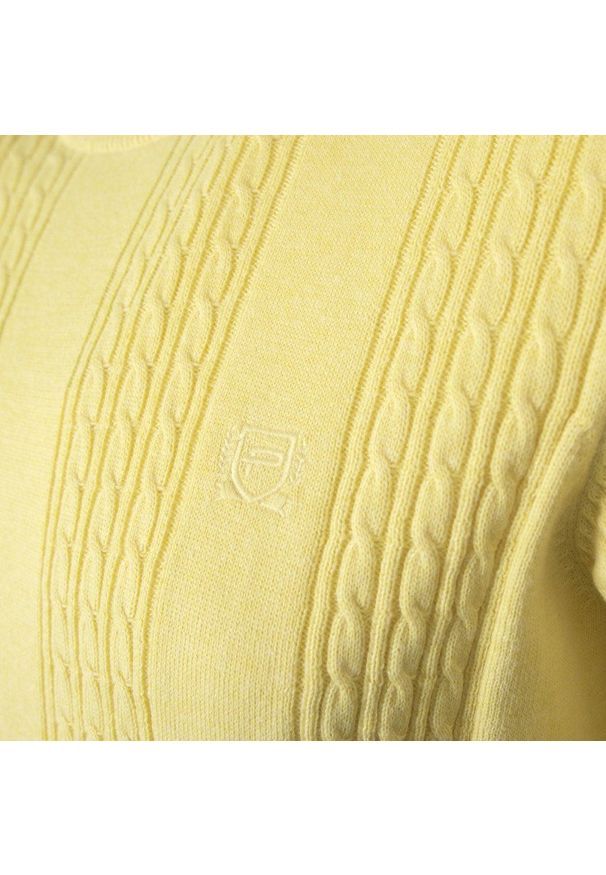 Lekki, Męski Sweter Bawełniany - Pako Jeans - Żółty, Faktura Materiału. Okazja: na spotkanie biznesowe, do pracy. Kolor: żółty, złoty, wielokolorowy. Materiał: bawełna. Styl: klasyczny, biznesowy