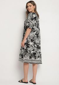 Born2be - Czarna Sukienka o Pudełkowym Kroju z Wiązaniem przy Dekolcie w Roślinny Wzór Mirionela. Kolor: czarny. Długość rękawa: krótki rękaw #4