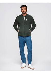 Ombre Clothing - Strukturalna kurtka biker męska ze stójką – ciemnozielona V3 - Rozmiar: L. Okazja: na co dzień. Typ kołnierza: kołnierzyk stójkowy. Kolor: zielony. Materiał: skóra, poliester, dzianina. Styl: casual, elegancki #9