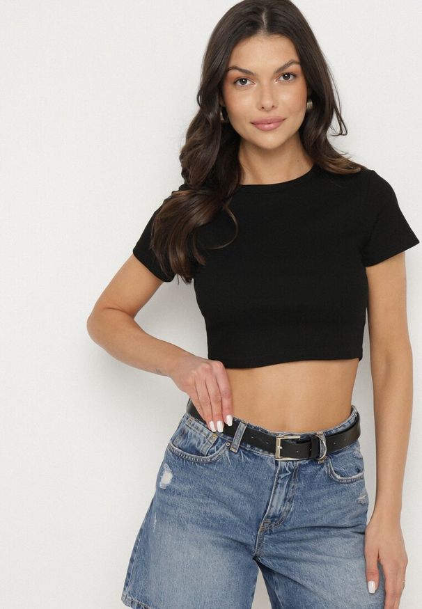 Born2be - Czarny Bawełniany Prążkowany T-shirt Nelzedi. Okazja: na co dzień. Kolor: czarny. Materiał: bawełna, prążkowany. Styl: elegancki, casual