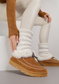 Born2be - Brązowe Śniegowce na Grubej Podeszwie z Futerkiem i Przeszciami Linafra. Okazja: na co dzień. Kolor: brązowy. Materiał: futro. Styl: casual, elegancki #1