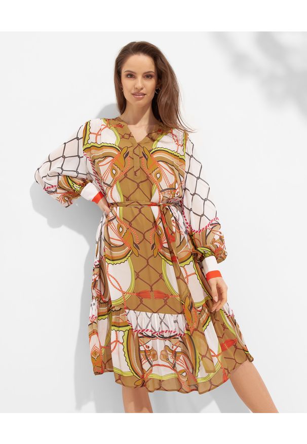 HERZEN'S ANGELENGEHEIT - Brązowa sukienka we wzory. Kolor: brązowy. Materiał: materiał, wiskoza. Długość rękawa: długi rękaw. Długość: midi