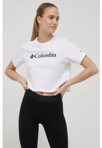 columbia - Columbia t-shirt damski kolor biały 1930051-012. Okazja: na co dzień. Kolor: biały. Materiał: dzianina. Długość rękawa: krótki rękaw. Długość: krótkie. Wzór: nadruk. Styl: casual