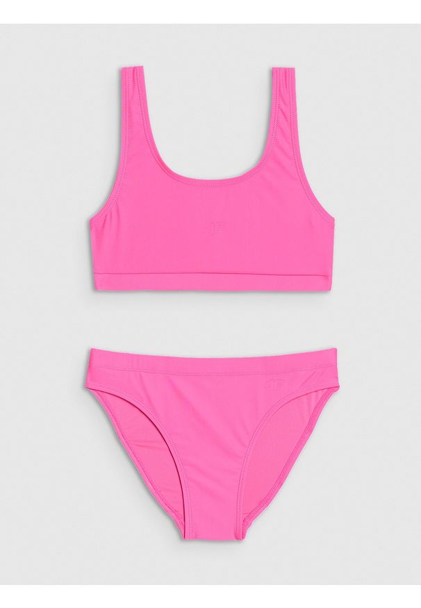 4f - 4F Kostium kąpielowy dwuczęściowy dziewczęcy - różowy 122/128 (6-8 lat). Kolor: różowy. Materiał: dzianina, elastan, włókno, syntetyk, materiał, guma. Rodzaj stanika: wyciągane miseczki. Wzór: jednolity