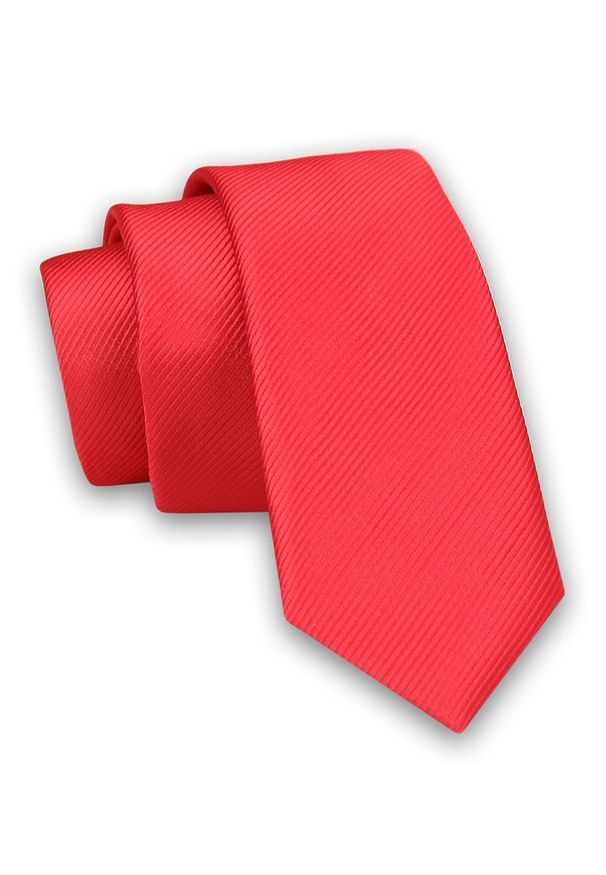 Krawat Męski w Delikatny Prążek ŚLEDŹ (wąski) - 5 cm - Angelo di Monti, Czerwony. Kolor: czerwony. Wzór: prążki