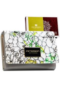 Zielony portfel damski ze skóry naturalnej z systemem RFID ozdobiony kwiatowym wzorem PTN PH30-LFL Peterson. Kolor: zielony. Materiał: skóra. Wzór: kwiaty, aplikacja
