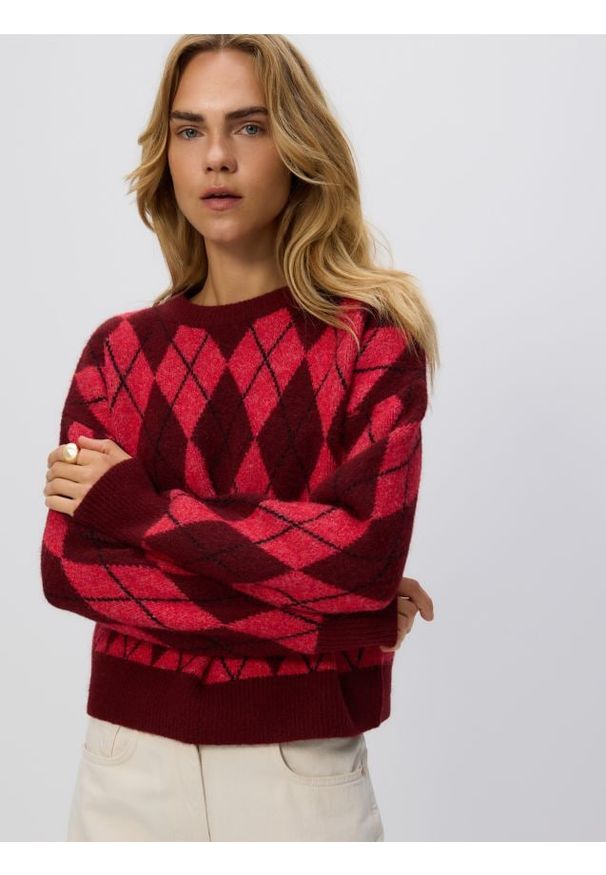 Reserved - Sweter w romby - wielobarwny. Materiał: wełna, dzianina
