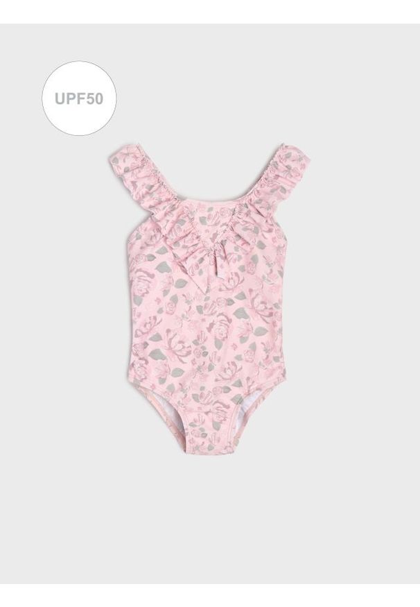 Sinsay - Jednoczęściowy strój kąpielowy z ochroną przeciwsłoneczną i motywem kwiatowym - różowy. Kolor: różowy. Wzór: kwiaty