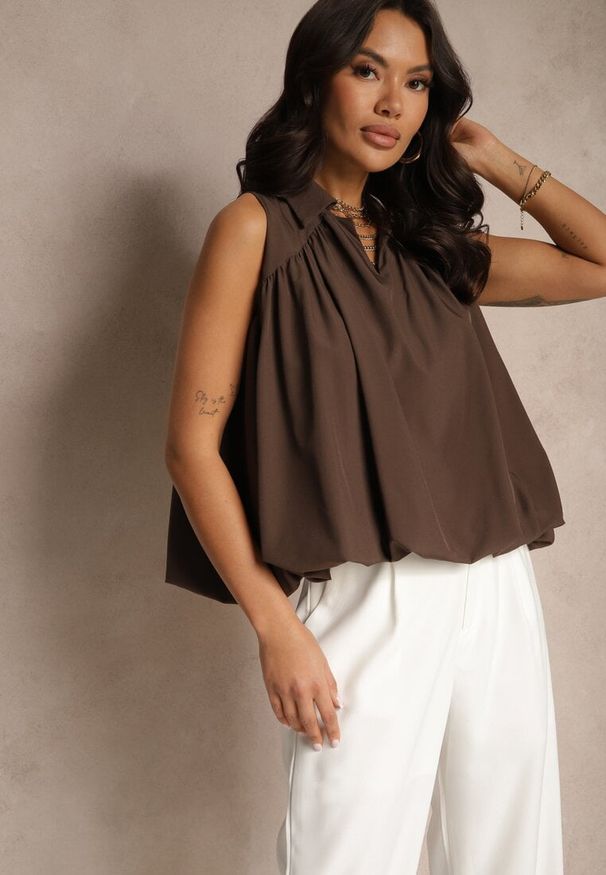 Renee - Brązowa Bluza Oversize z Kołnierzykiem o Rozkloszowanym Kroju Erivelle. Okazja: na co dzień. Kolor: brązowy. Styl: casual