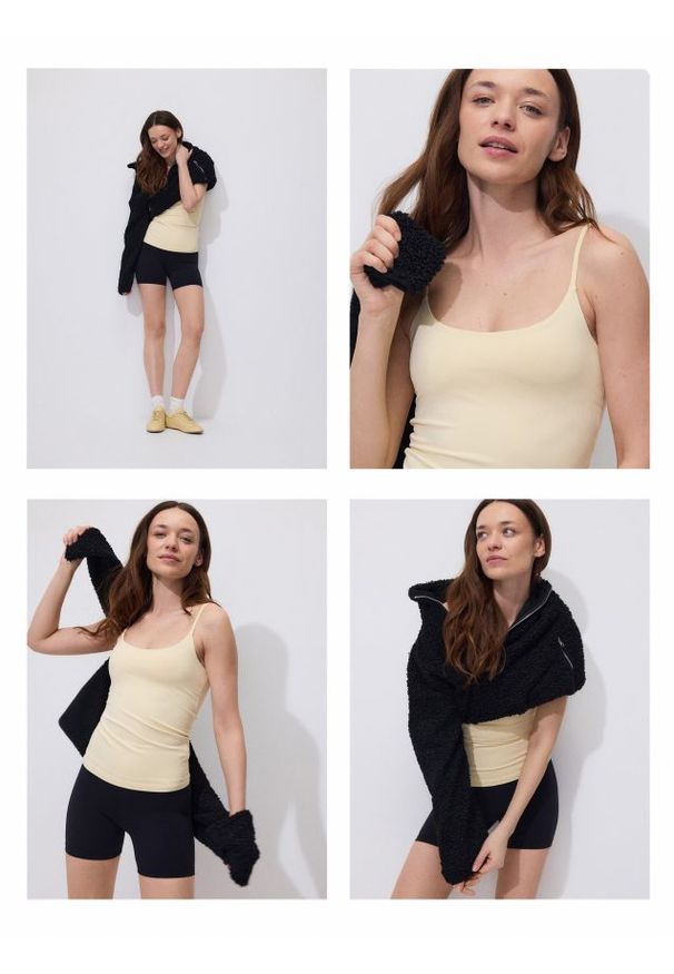 Reserved - Gładki top na ramiączkach - jasnożółty. Kolor: żółty. Materiał: dzianina. Długość rękawa: na ramiączkach. Wzór: gładki