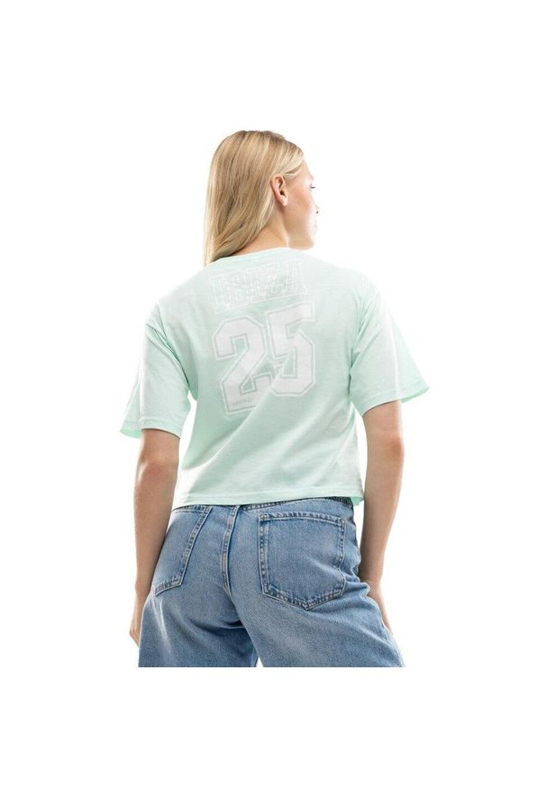 SIROKO - Damski luźny crop top Lifestyle Siroko IBZ Eivissa Water Green. Kolor: niebieski. Materiał: tkanina, bawełna. Długość rękawa: krótki rękaw. Długość: krótkie