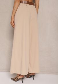 Renee - Beżowe Spodnie o Szerokim Kroju High Waist Ozdobione Paskiem Rasalle. Okazja: na co dzień. Stan: podwyższony. Kolor: beżowy. Wzór: aplikacja. Styl: casual, elegancki #4