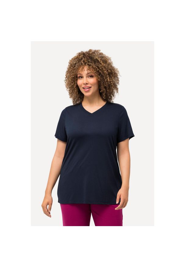 ULLA POPKEN - Damskie Bluzka funkcyjna antybakteryjny materiał dekolt w serek rękaw 1/2. Typ kołnierza: dekolt w serek. Kolekcja: plus size. Kolor: niebieski. Materiał: poliester, materiał, wiskoza