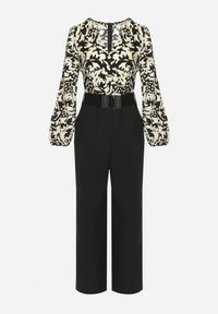Born2be - Czarno-Beżowy Kombinezon z Paskiem Góra w Print i Trójkątny Dekolt Hamiora. Kolor: czarny. Wzór: nadruk #4