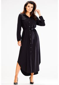 Awama - Długa sukienka koszulowa z asymetrycznym dołem czarna. Kolor: czarny. Typ sukienki: koszulowe, asymetryczne. Długość: maxi