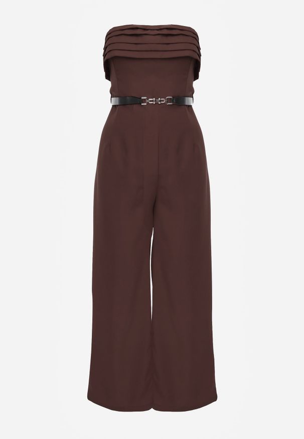 Renee - Brązowy Kombinezon VICES Bandeau z Falbankami i Paskiem w Eleganckim Stylu Pinoia. Kolor: brązowy. Długość rękawa: bez rękawów. Styl: elegancki