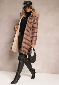 Renee - Brązowa Dwustronna Kurtka Płaszcz z Klasycznym Pikowaniem i Kapturem z Futerkiem Nuncos. Kolor: brązowy. Materiał: futro. Wzór: aplikacja. Styl: klasyczny #1