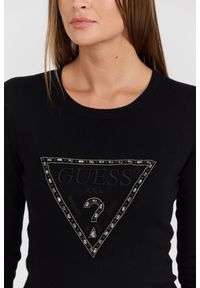 Guess - GUESS Czarny damski sweter Rylie Triangle Logo, Rozmiar M. Kolor: czarny. Materiał: wiskoza, elastan, poliester, materiał. Długość rękawa: długi rękaw. Długość: długie. Styl: klasyczny