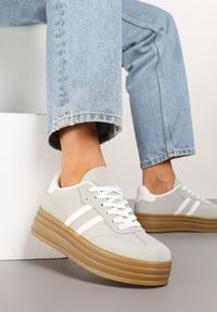 Renee - Beżowo-Białe Sneakersy w Stylu Tenisówki z Paskami Hirnelia. Okazja: na co dzień. Zapięcie: pasek. Kolor: beżowy. Materiał: jeans #6