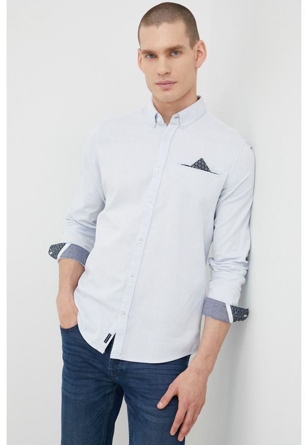 Tom Tailor koszula męska slim z kołnierzykiem button-down. Typ kołnierza: button down. Kolor: niebieski. Materiał: bawełna, tkanina. Długość rękawa: długi rękaw. Długość: długie