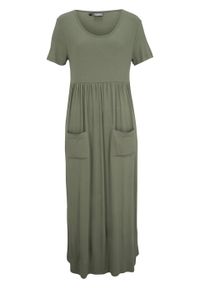 Sukienka midi ze stretchem, z okrągłym dekoltem i krótkim rękawem bonprix oliwkowy. Kolor: zielony. Długość rękawa: krótki rękaw. Długość: midi #1