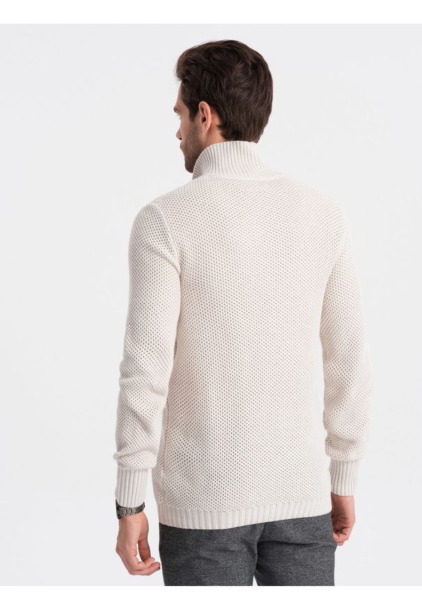 Ombre Clothing - Sweter męski dzianinowy z rozpinaną stójką - kremowy V1. Typ kołnierza: kołnierzyk stójkowy. Kolor: kremowy. Materiał: dzianina