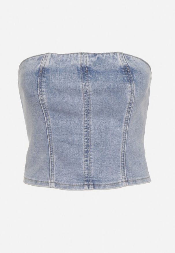 Born2be - Niebieski Jeansowy Krótki Top Gorsetowy Efiloe. Typ kołnierza: dekolt gorset. Kolor: niebieski. Materiał: jeans. Długość: krótkie. Sezon: lato
