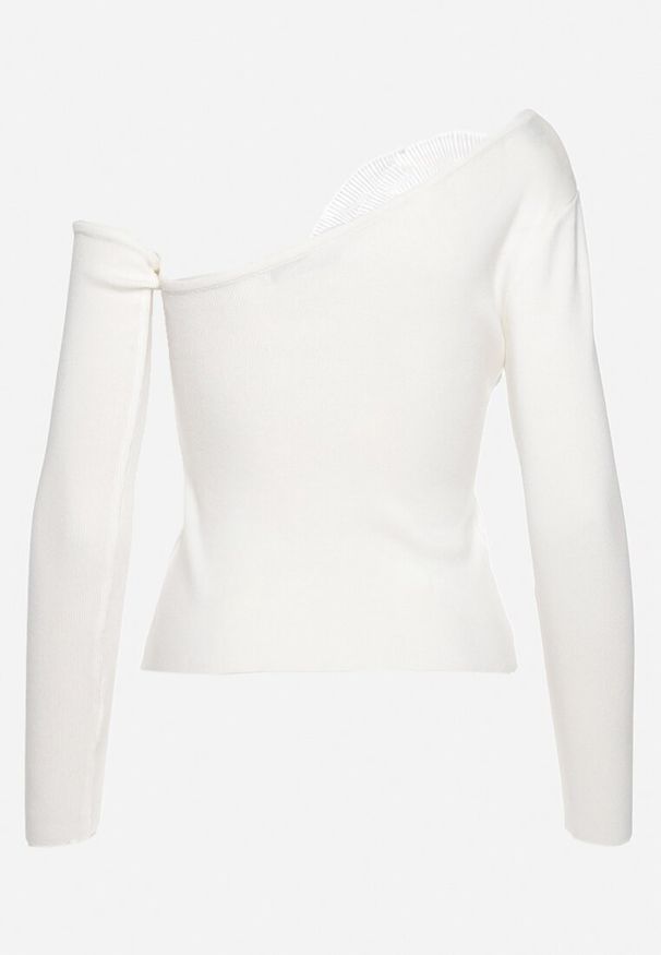 Born2be - Biała Asymetryczna Bluzka na Jedno Ramię z Aplikacją w Kształcie Kwiatu Liesara. Okazja: na co dzień. Kolor: biały. Materiał: jeans. Wzór: kwiaty, aplikacja. Styl: wizytowy, casual
