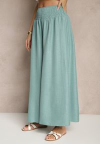 Renee - Miętowe Szerokie Spodnie High Waist z Elastycznymi Gumkami w Talii Varbia. Okazja: na co dzień. Stan: podwyższony. Kolor: zielony. Styl: elegancki, casual