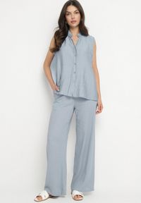 Born2be - Niebieskie Szerokie Spodnie z Lnem z Gumką w Talii i Kieszeniami Filisela. Okazja: na co dzień, do pracy. Kolor: niebieski. Materiał: len. Styl: elegancki, casual #4