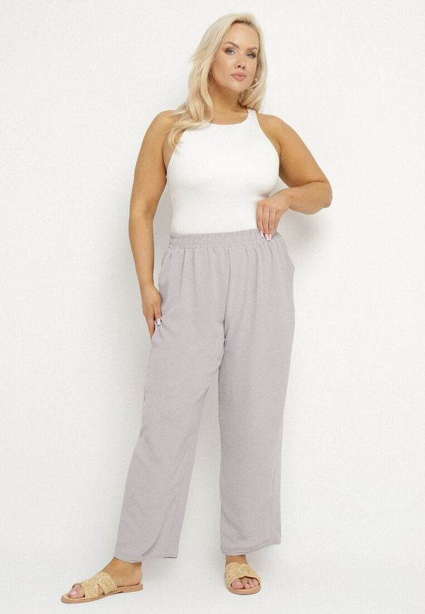 Born2be - Szare Szerokie Spodnie z Bawełną i Wysokim Stanem Naitte. Okazja: na co dzień. Stan: podwyższony. Kolor: szary. Materiał: bawełna. Styl: elegancki, casual
