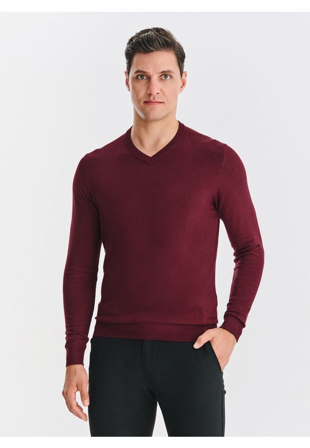 Pako Lorente - PAKO LORENTE - Bordowy sweter męski v-neck. Okazja: na co dzień. Kolor: czerwony, brązowy, czarny, zielony. Materiał: wiskoza, nylon. Sezon: jesień. Styl: casual