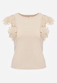 Born2be - Jasnobeżowy Bawełniany Top z Koronką przy Ramionach Learena. Kolor: beżowy. Materiał: bawełna, koronka. Długość rękawa: bez rękawów. Wzór: koronka #2