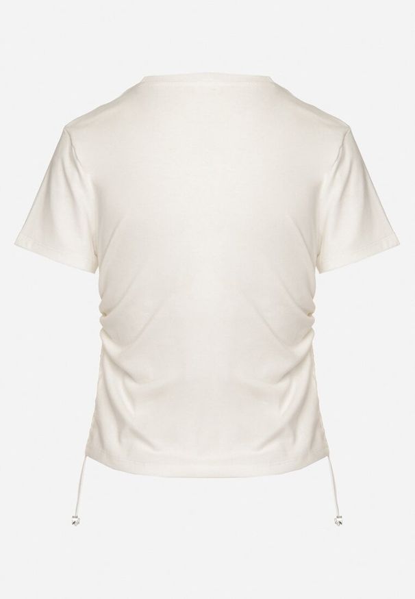 Born2be - Biały T-shirt z Bawełny z Ozdobnym Nadrukiem Troczkami i Cyrkoniami ilretia. Okazja: na co dzień. Kolor: biały. Materiał: bawełna. Wzór: nadruk. Styl: casual