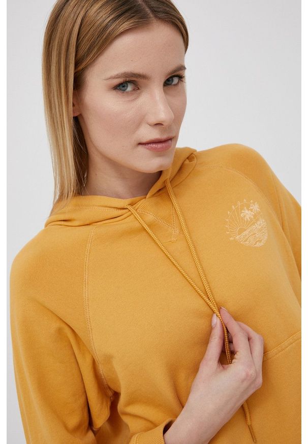 Billabong bluza damska kolor żółty z kapturem z nadrukiem. Okazja: na co dzień. Typ kołnierza: kaptur. Kolor: żółty. Materiał: materiał, włókno. Długość rękawa: raglanowy rękaw. Wzór: nadruk. Styl: casual