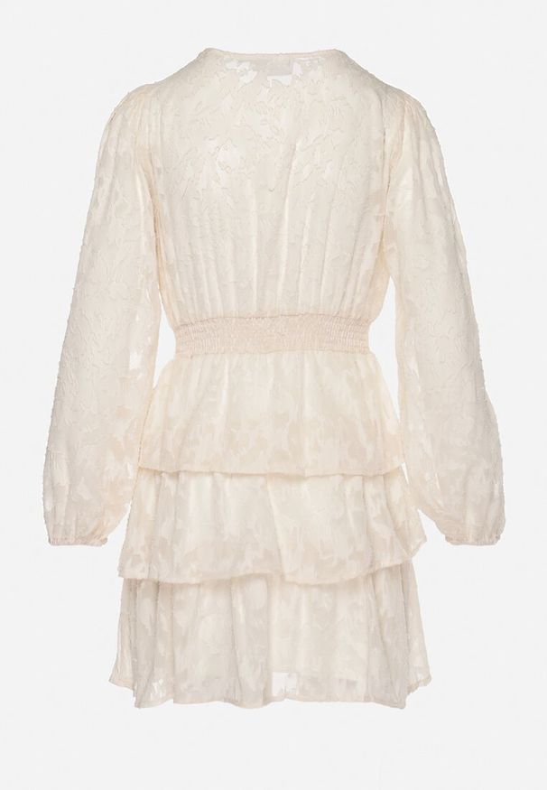 Born2be - Jasnobeżowa Rozkloszowana Sukienka Mini z Marszczeniami i Falbankami Lanevin. Typ kołnierza: kołnierz z falbankami. Kolor: beżowy. Długość: mini