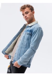 Ombre Clothing - Kurtka męska jeansowa typu sherpa - jasnoniebieska V2 OM-JADJ-0125 - XXL. Kolor: niebieski. Materiał: jeans. Styl: klasyczny #2