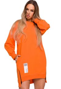 Produkt Polski - Sukienka bluza oversize asymetryczna bawełniana z zamkami pomarańczowa. Kolor: pomarańczowy. Materiał: bawełna. Typ sukienki: oversize, asymetryczne. Długość: mini
