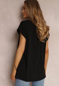 Renee - Czarny T-shirt Euniera. Kolekcja: plus size. Kolor: czarny. Materiał: bawełna, tkanina. Długość rękawa: krótki rękaw. Długość: krótkie. Wzór: jednolity, aplikacja, gładki. Styl: klasyczny #5