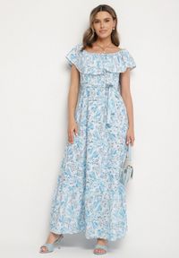 Born2be - Niebieska Sukienka Hiszpanka z Bawełną w Kwiaty Mreova. Okazja: na co dzień. Typ kołnierza: dekolt hiszpanka. Kolor: niebieski. Materiał: bawełna. Wzór: kwiaty. Styl: elegancki, casual, klasyczny #1