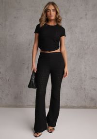 Renee - Czarny Tłoczony Komplet Spodnie Flare i Top z Marszczeniem w Talii Pimisia. Kolor: czarny. Materiał: materiał #3