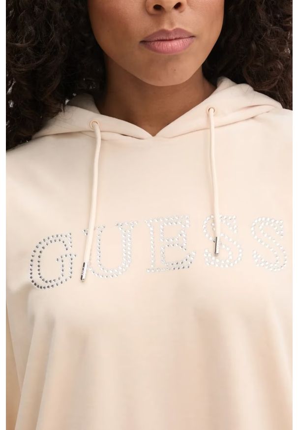 Guess - GUESS Beżowa damska długa welurowa bluza z kapturem Couture, Rozmiar S. Typ kołnierza: kaptur. Kolor: beżowy. Materiał: welur. Długość: długie