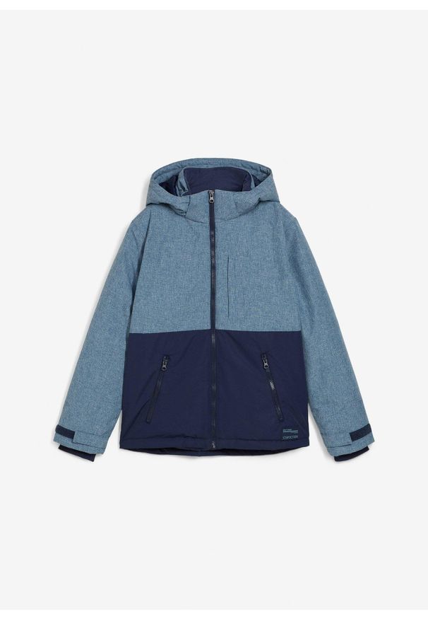 bonprix - Kurtka zimowa ocieplana z blokami kolorów i kapturem. Typ kołnierza: kaptur. Kolor: niebieski. Materiał: materiał. Sezon: zima