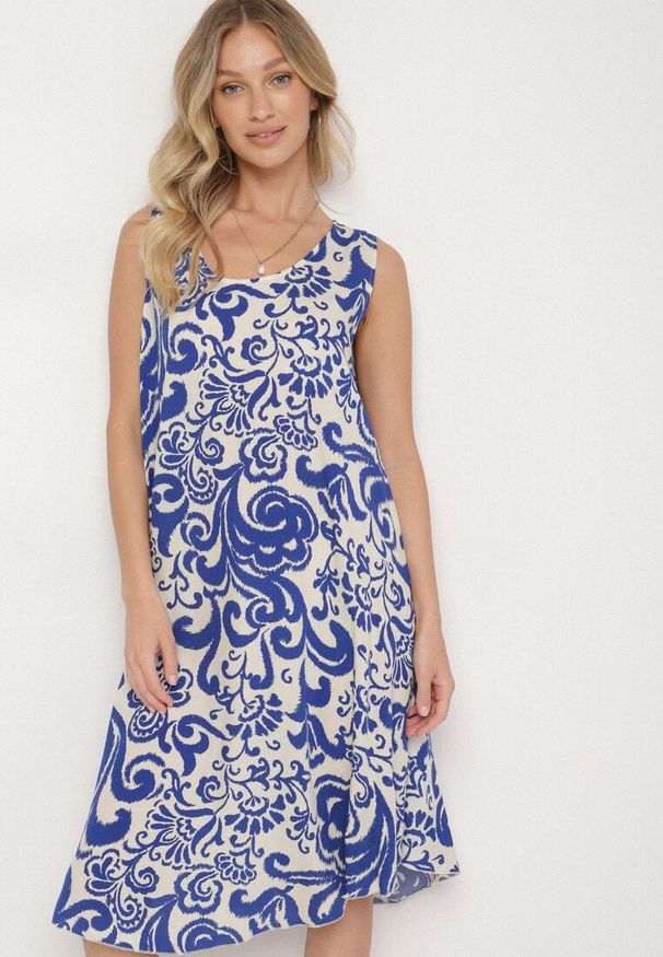 Born2be - Niebieska Bawełniana Sukienka ze Wzorem Paisley Zirelia. Okazja: na co dzień. Typ kołnierza: dekolt w serek. Kolor: niebieski. Materiał: bawełna. Wzór: paisley. Sezon: lato. Styl: casual