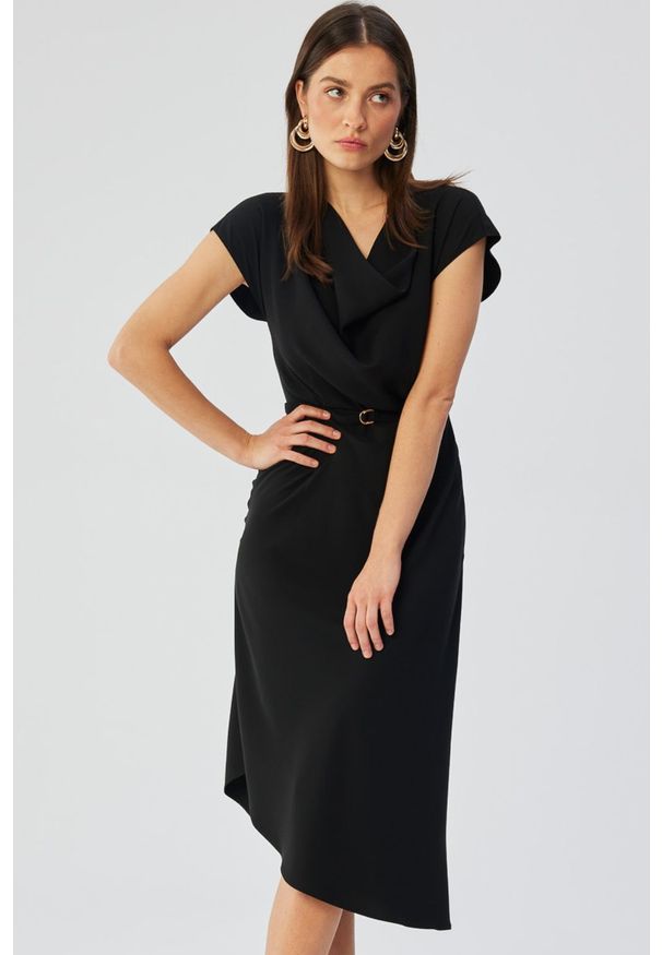 Stylove - Elegancka asymetryczna sukienka z dekoltem woda czarna. Typ kołnierza: dekolt woda. Kolor: czarny. Typ sukienki: asymetryczne. Styl: elegancki