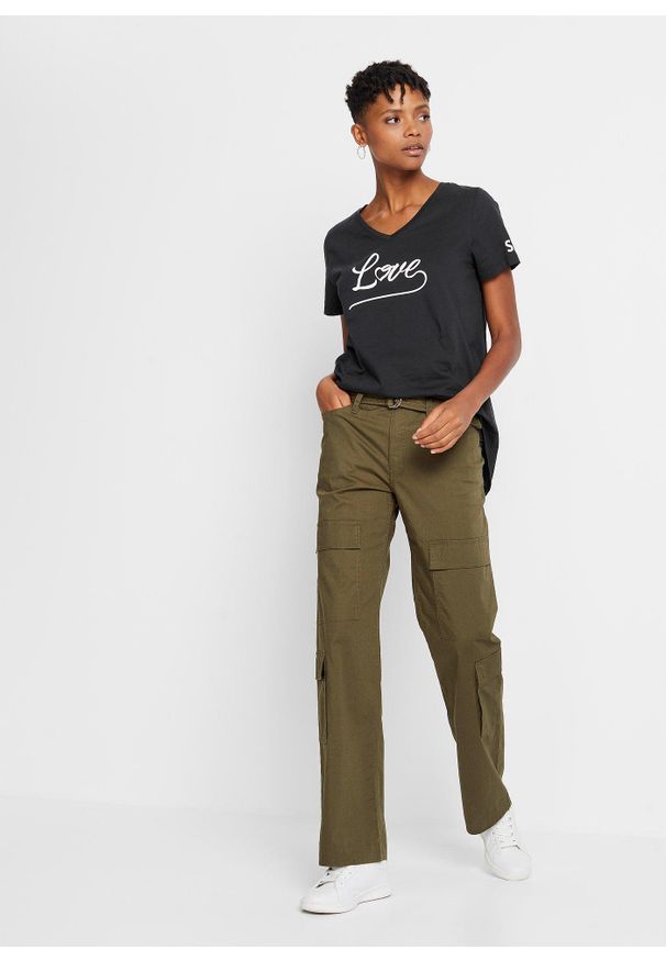 bonprix - T-shirt z nadrukiem. Typ kołnierza: dekolt w serek. Kolor: czarny. Wzór: nadruk