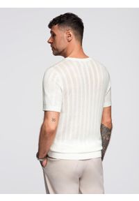 Ombre Clothing - Męski ażurowy sweter z okrągłym dekoltem i krótkim rękawem – biały V1 - Rozmiar: XXL. Kolor: biały. Materiał: wiskoza, prążkowany, dzianina, elastan, nylon. Długość rękawa: krótki rękaw. Długość: krótkie. Wzór: ażurowy. Styl: elegancki #5