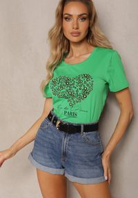 Renee - Zielony T-shirt z Bawełny Koszulka z Krótkim Rękawem i Nadrukiem z Cyrkoniami Kloena. Okazja: na co dzień. Kolor: zielony. Materiał: bawełna. Długość rękawa: krótki rękaw. Długość: krótkie. Wzór: nadruk. Styl: casual, elegancki #1