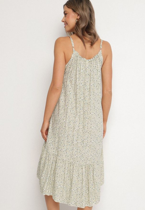 Born2be - Beżowa Rozkloszowana Sukienka z Bawełny w Kwiatowy Wzór Nilaretia. Okazja: na co dzień. Kolor: beżowy. Materiał: bawełna. Długość rękawa: na ramiączkach. Wzór: kwiaty. Sezon: lato. Typ sukienki: rozkloszowane. Styl: casual